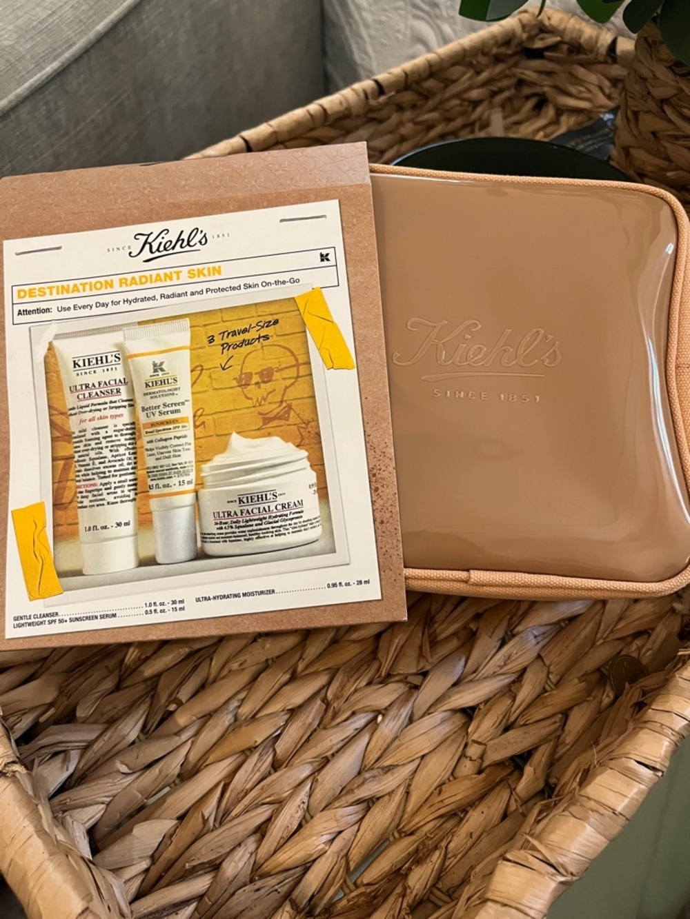 Kiehl's Nude Beige Travel Skincare Set with Glossy Pouch